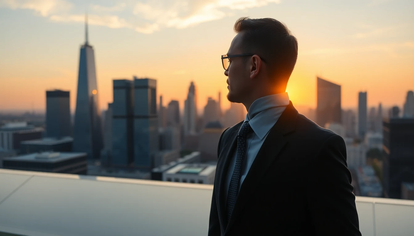 Professioneller Mann im Anzug schaut auf Skyline bei Sonnenuntergang, Erfolg, Vision, modernes Büro